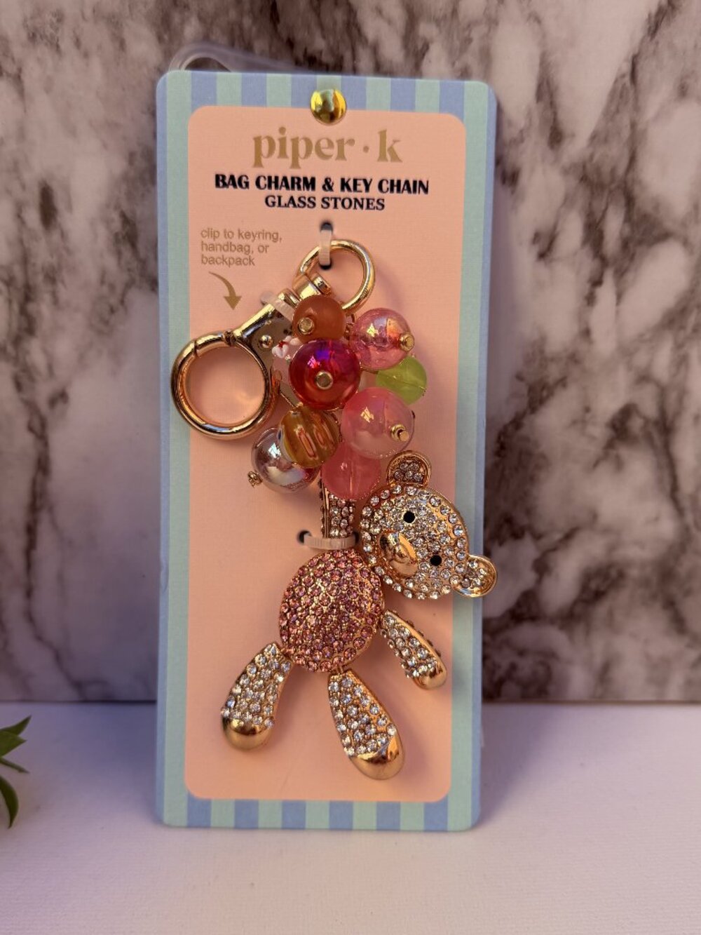 Piper K Teddy Bear Rhinestone Keychain Bag Charm Beaded Gold Tone Cute